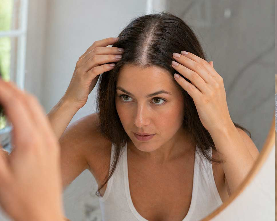 Woman examining her hair in a mirror, then smiling in a bathrobe.