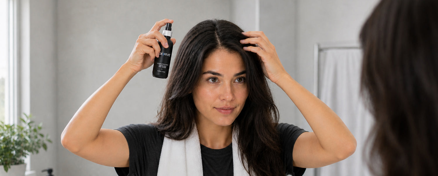 Person applying DeriveMD Hair Support Serum to scalp during morning routine