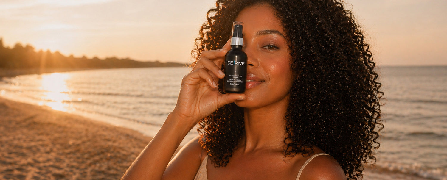 beautiful woman at the beach holding derive hair serum.